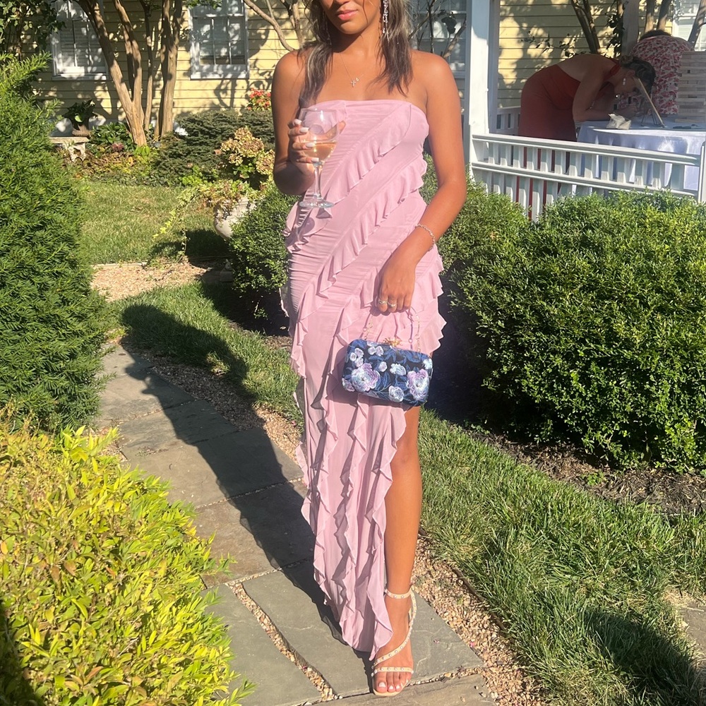OH POLLY Bandeau Ruffle Detail Maxi Dress in Dusty Pink